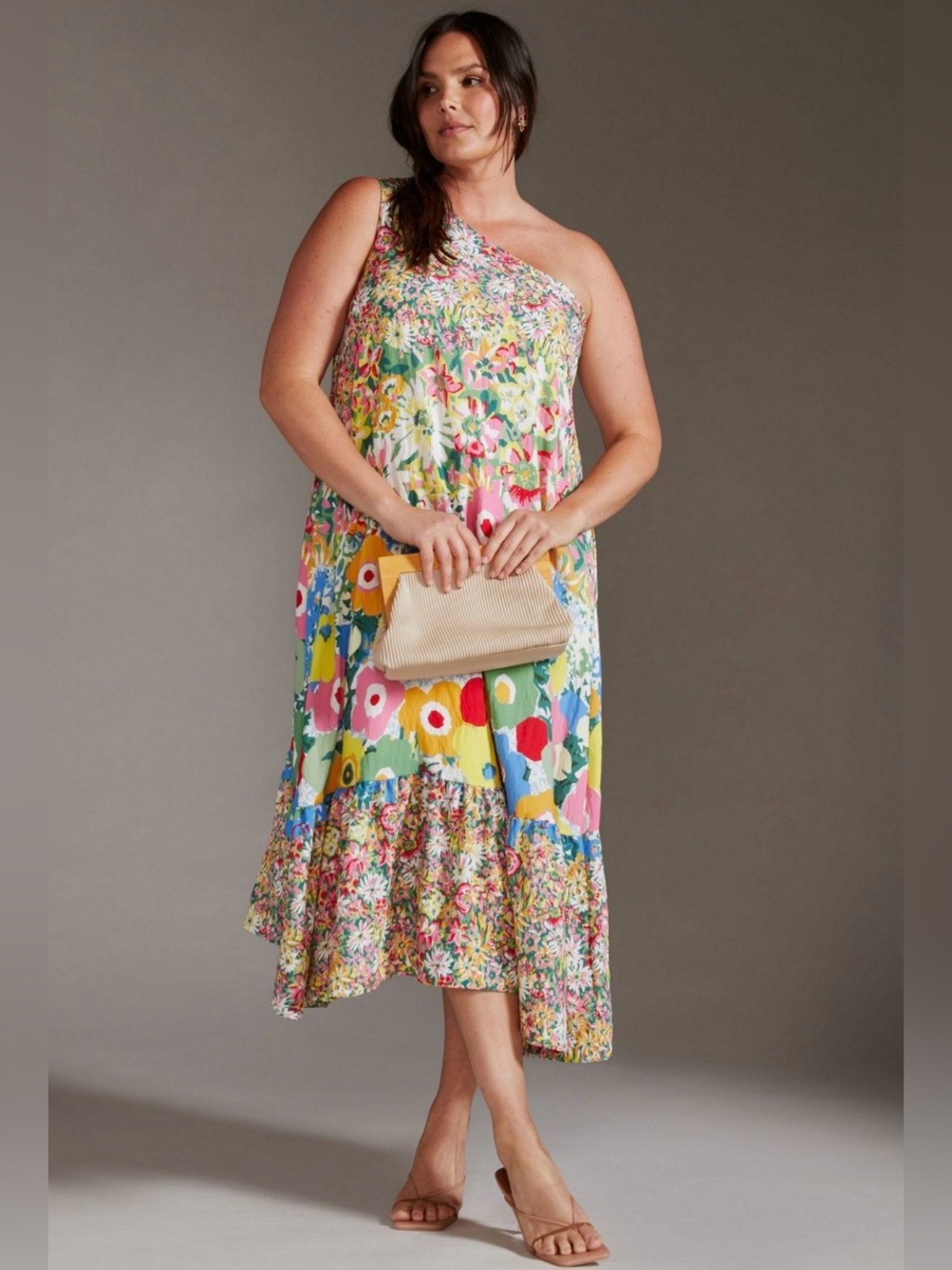 Anthropologie Sarah Campbell Floral One-Shoulder Midi Dress in Multicolor 3X
